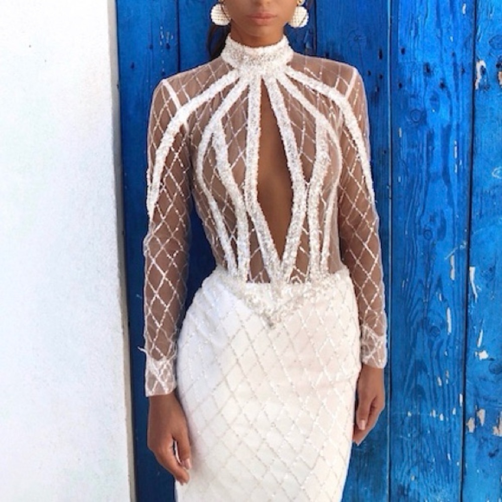 Viero Bridal Love Sheer Sequin Mermaid Long Sleeve Wedding Sample Dress Nwot